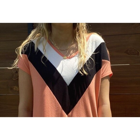 *Zenana Orange Chevron Color Block Casual Knit Short Sleeve Women's Top Small - Picture 4 of 8